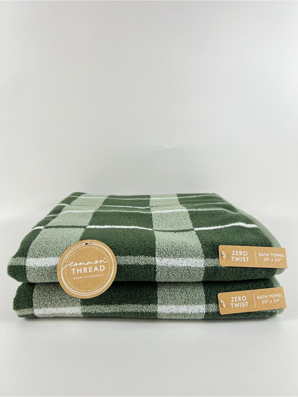 Common Thread Bath Towel Set Green White Plaid Soft Zero Twist Cotton 2 Pc NEW